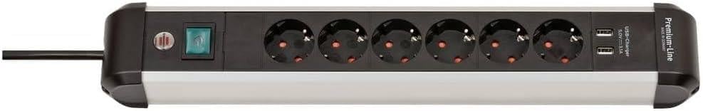 Premium-Alu-Line çoklu priz, USB/çoklu priz, 6 bölmeli, yüksek kaliteli alüminyum (3 m kablolu ve şalterli priz, 2 bölmeli USB 3,1 A, Almanya'da üretilmiştir)