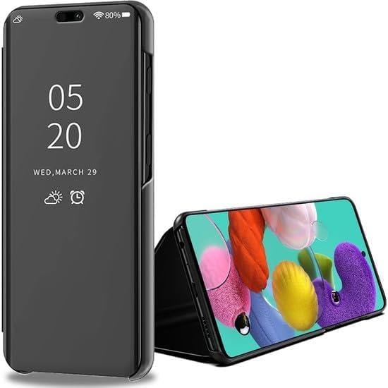 Redmi Note 9 Uyumlu Aynalı Kapaklı Standlı Clear View Kılıf (Siyah)