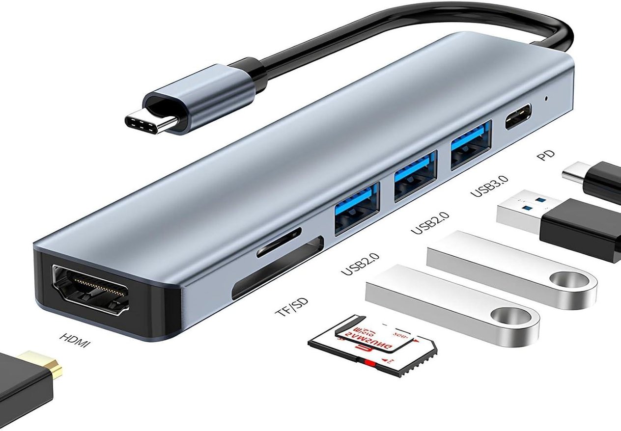 Type C Hub (7 Port), 100W PD Şarj ve Veri Transfer Type-C Port 4K 30HZ veya 1080P 60HZ HDMI, 1 Adet USB 3.0 Port 2 Adet 2.0 Port, MiroSD ve SD Kart Okuyucu MacBook Pro/Air vb. Uyumlu