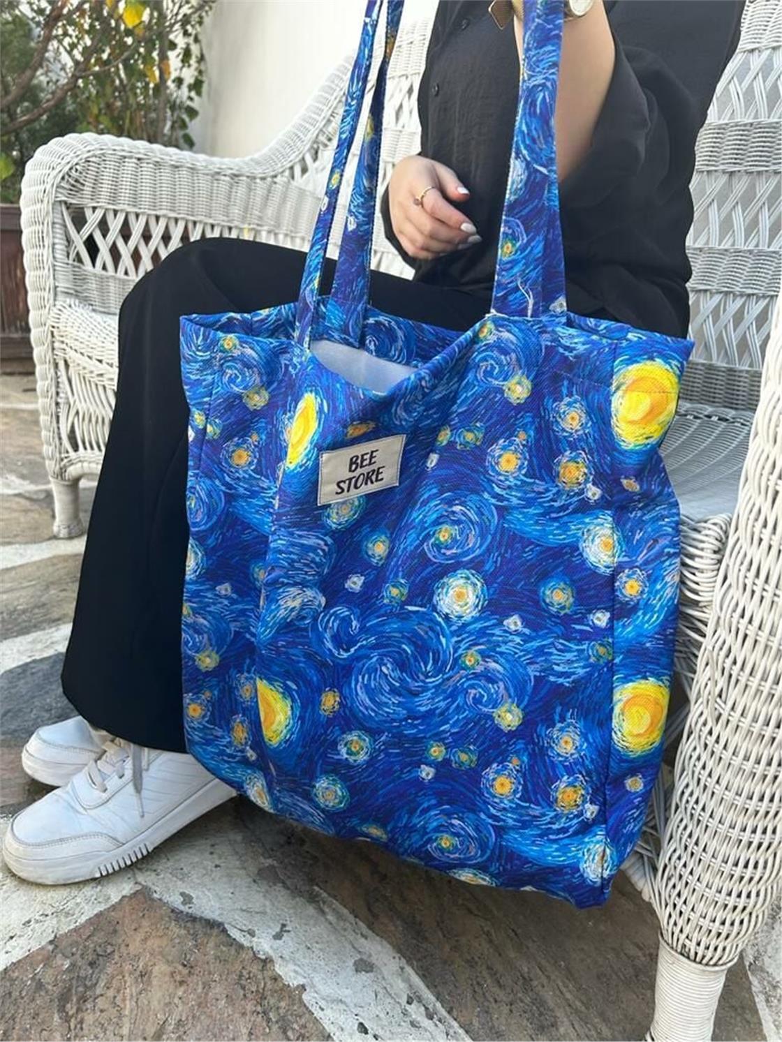 Van Gogh Mavi Körüklü Kumaş, Bez Kadın Kol ve Omuz Çantası