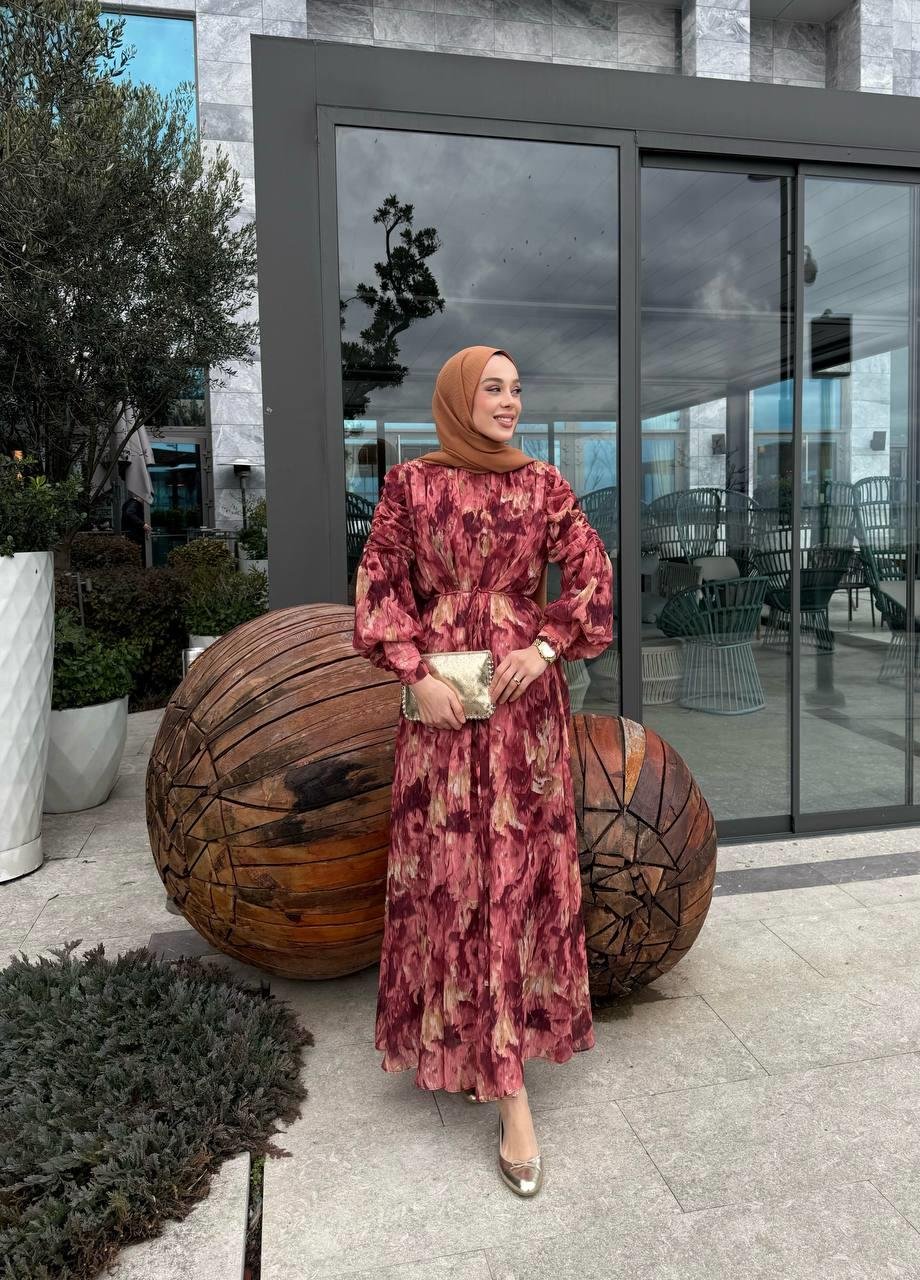 ŞİFON DESENLİ ELBİSE  KIRMIZI