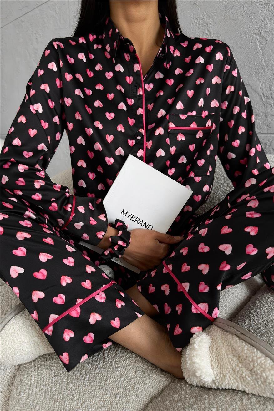 Cuore Nero Gömlek Yaka Saten Uzun Pijama Takımı