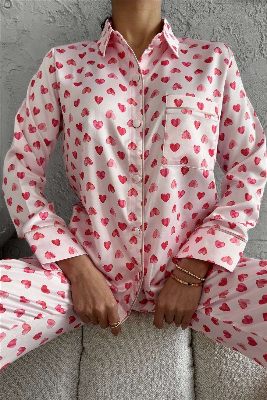 Cuore Rosa Gömlek Yaka Saten Uzun Pijama Takımı