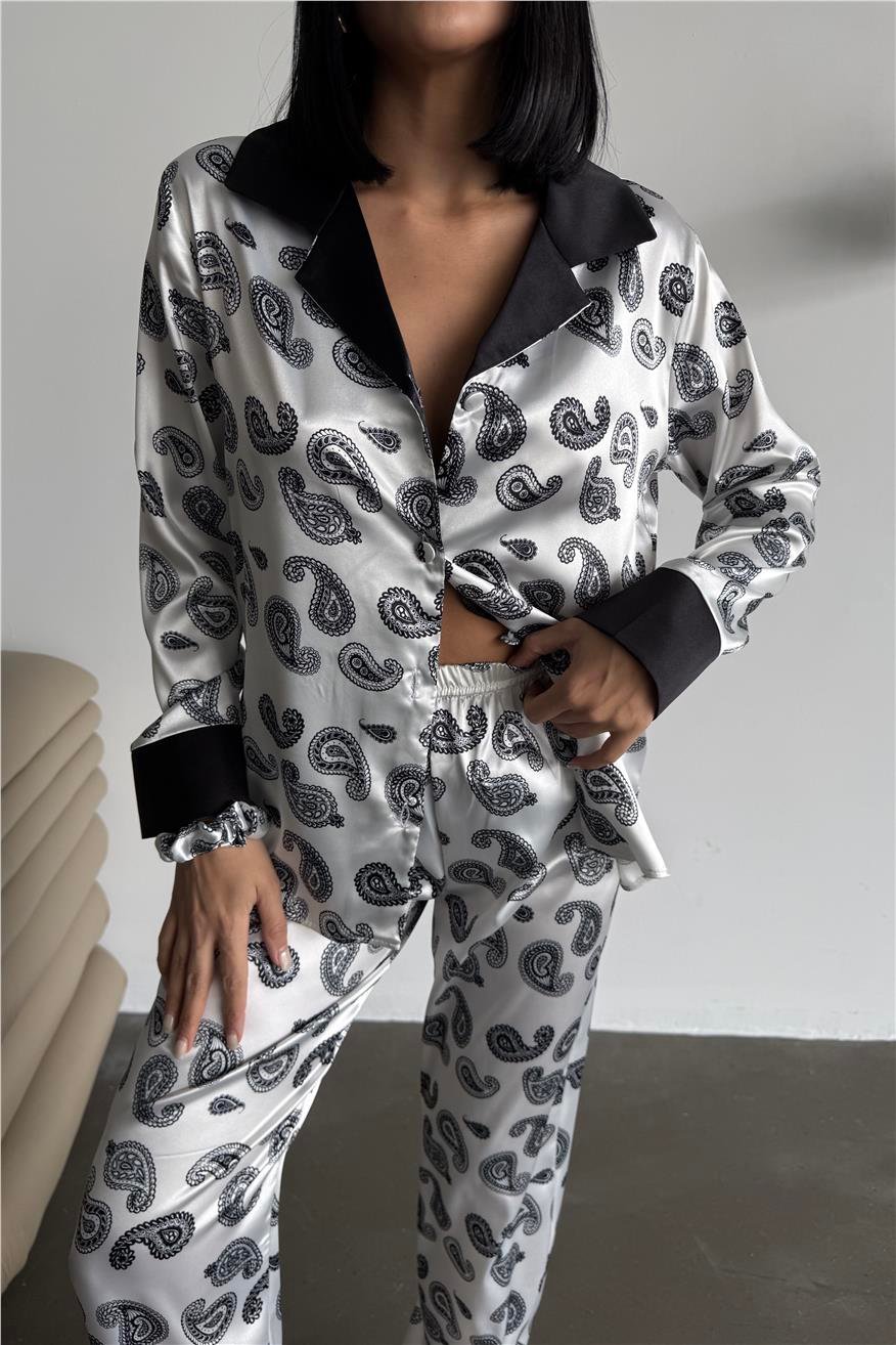 Etnik Virgül Desen Saten Uzun Pijama Takımı