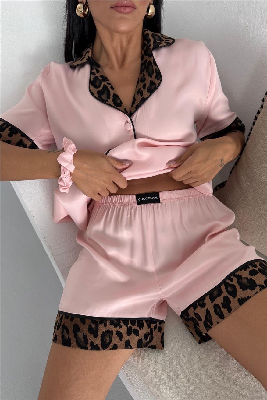 Felino Perfetto Pudra Floş Saten Kısa Pijama Takımı
