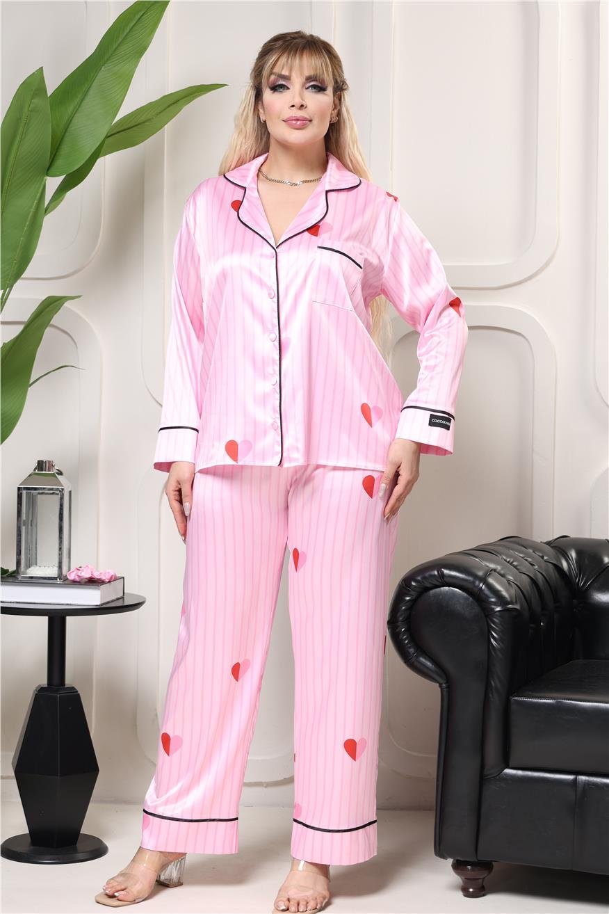 Incanto Rosa Saten Uzun Pijama Takımı (Geniş Beden Aralığı)