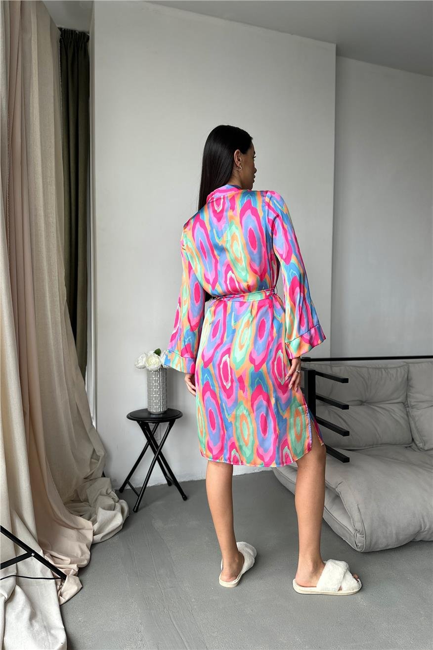 Kadın Renkli Dalgalar Desen Baskılı Belden Bağlama Saten Kimono/Sabahlık