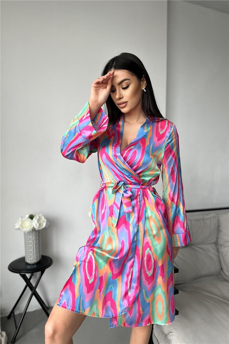 Kadın Renkli Dalgalar Desen Baskılı Belden Bağlama Saten Kimono/Sabahlık