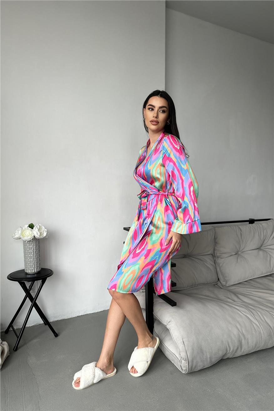 Kadın Renkli Dalgalar Desen Baskılı Belden Bağlama Saten Kimono/Sabahlık