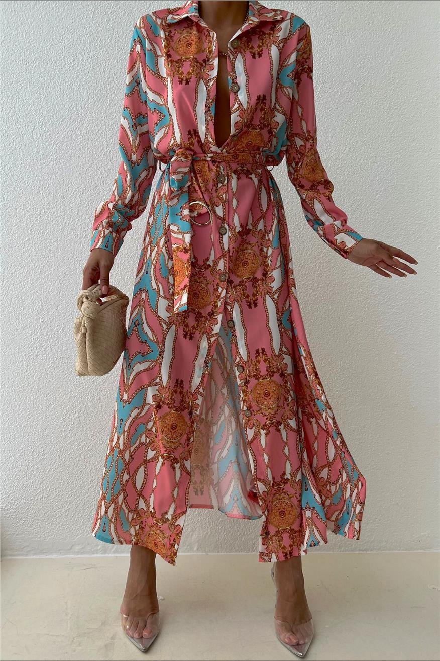 Pembe ve Mavi Zincir Desen Kemerli Jessica Kumaş Elbise