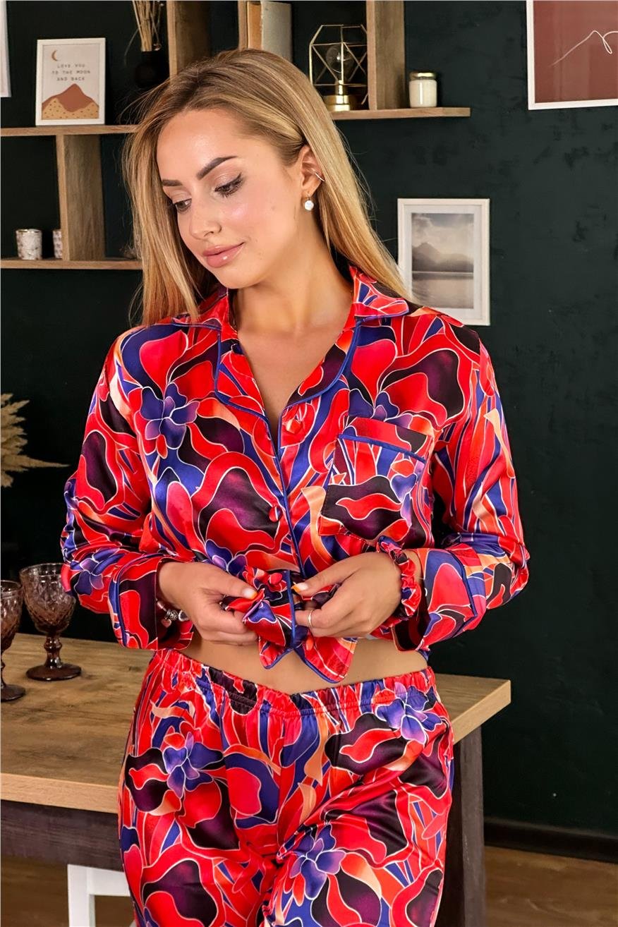 Soyut Çiçekler Desen Saten Uzun Pijama Takımı