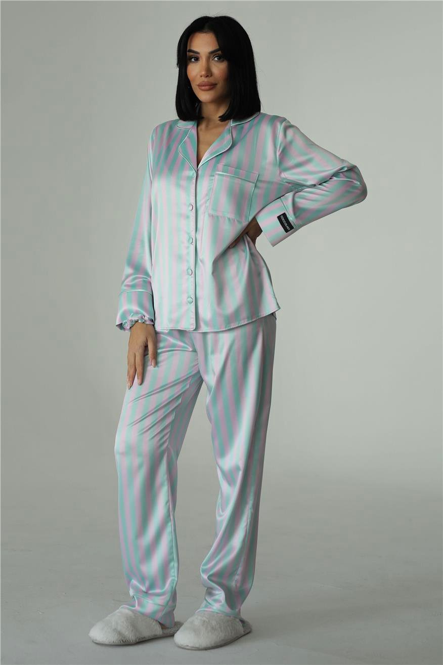 Strisce Lilla Menta Saten Uzun Pijama Takımı