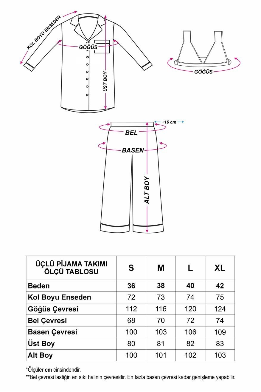 Vento Della Notte Beyaz Saten Uzun Üçlü Pijama Takımı