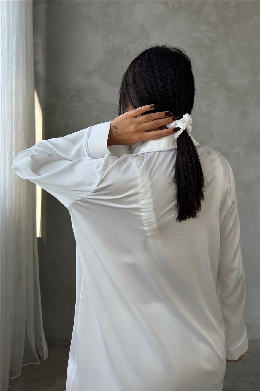 Vento Della Notte Beyaz Saten Uzun Üçlü Pijama Takımı