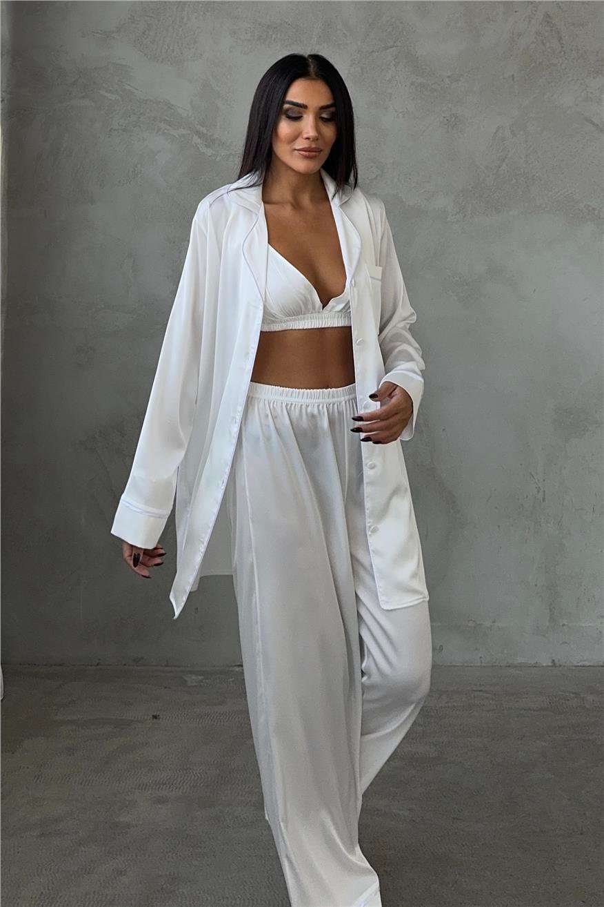 Vento Della Notte Beyaz Saten Uzun Üçlü Pijama Takımı