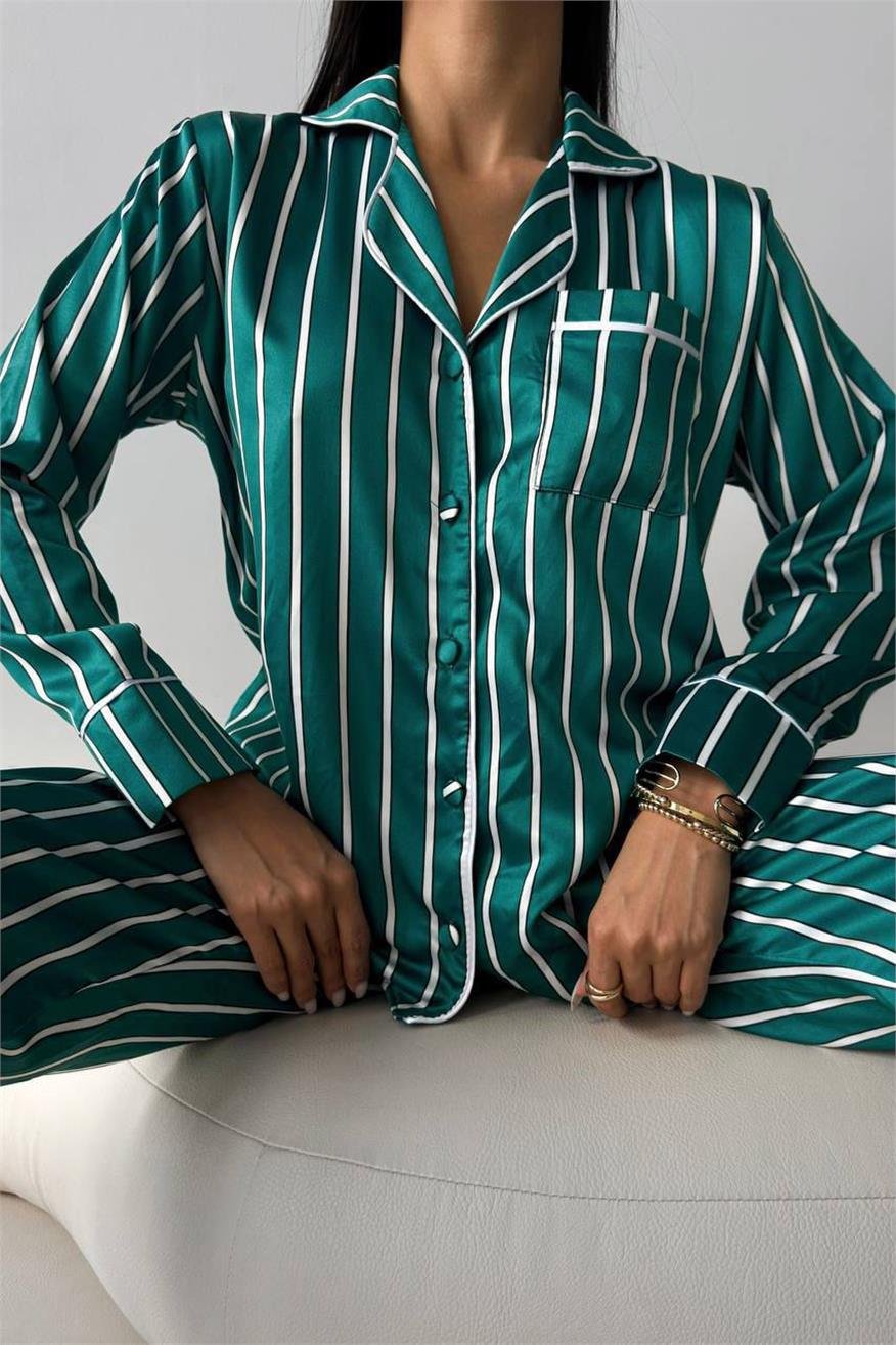 Yeşil Beyaz Çizgiler Saten Uzun Pijama Takımı