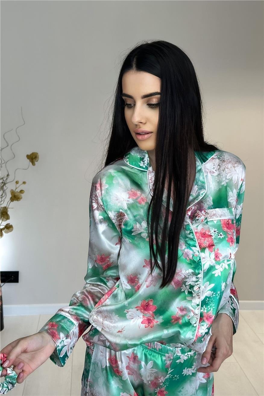Yeşil Floral Desen Saten Uzun Pijama Takımı
