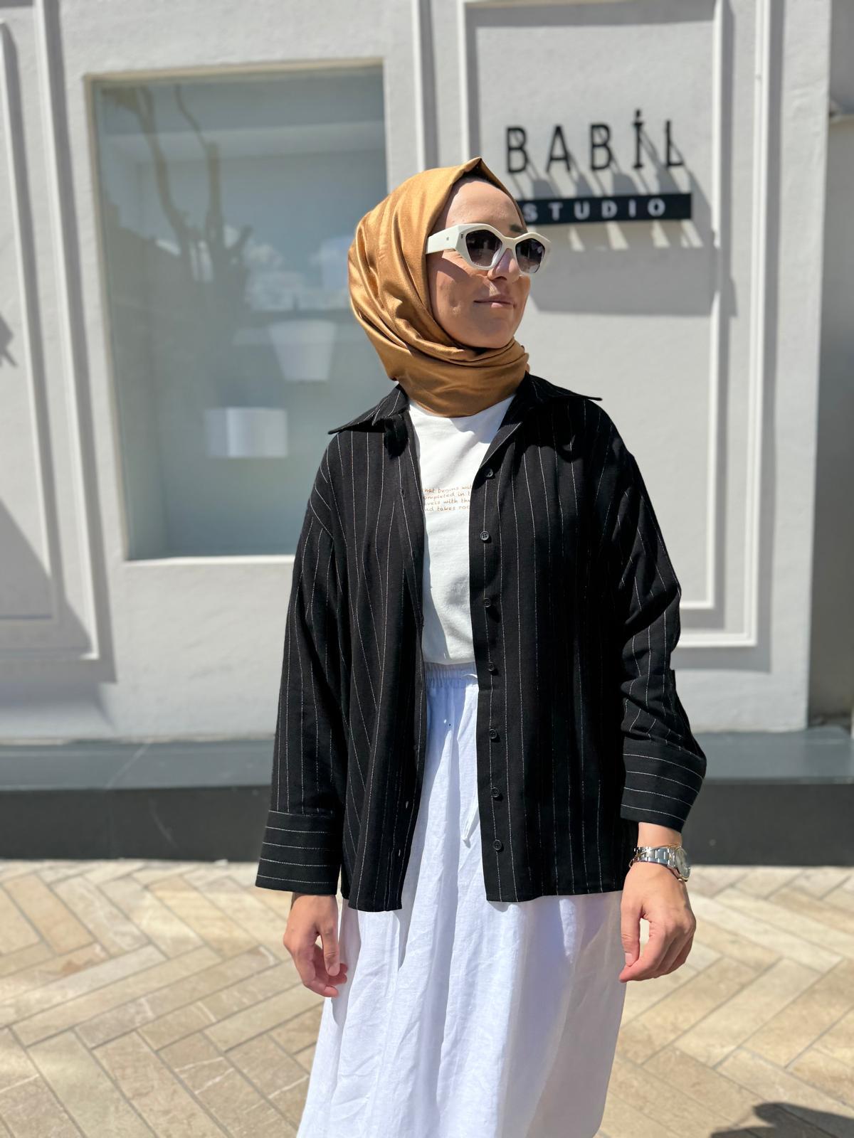 25SS203 Çizgili Dark Kadın Gömlek Siyah