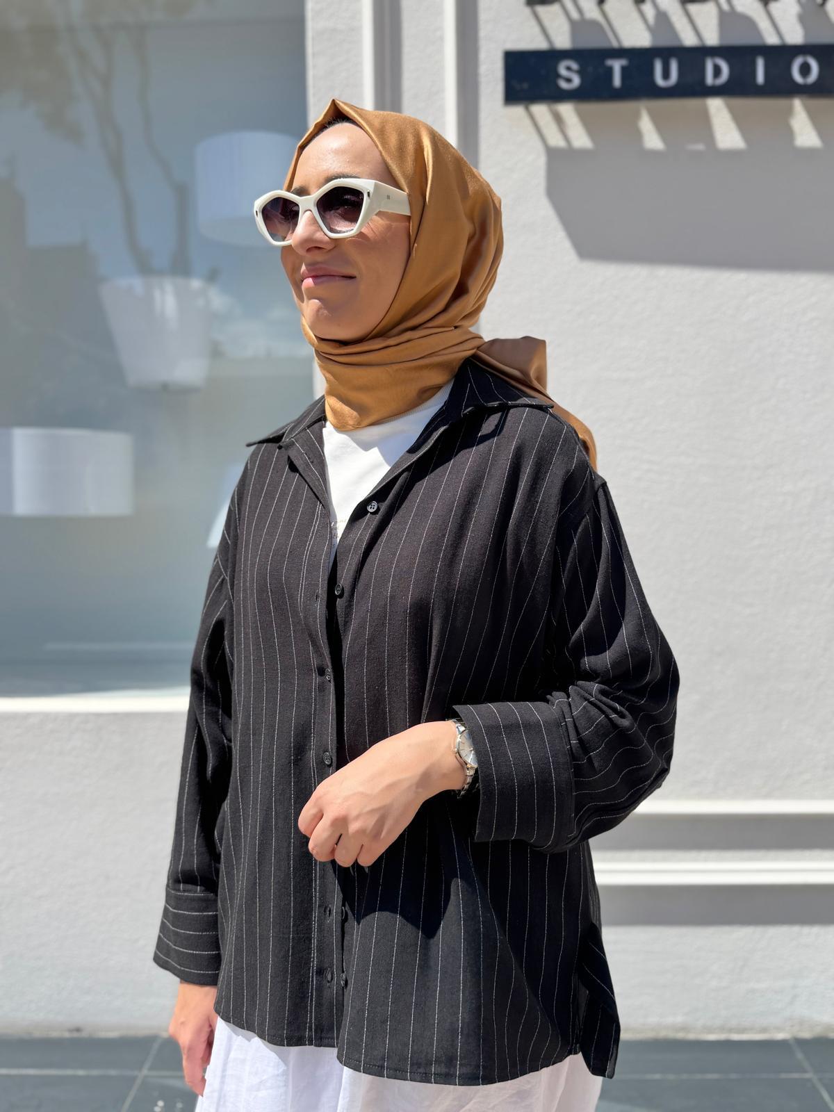 25SS203 Çizgili Dark Kadın Gömlek Siyah