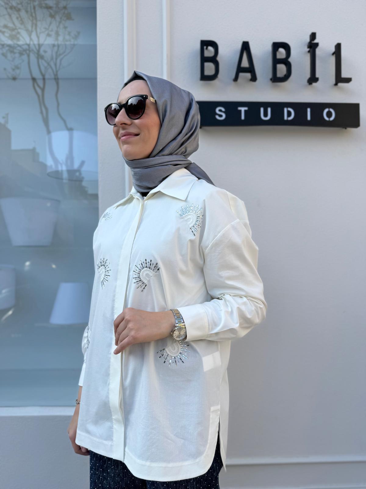 İşleme Detaylı Poplin Kadın Gömlek Beyaz