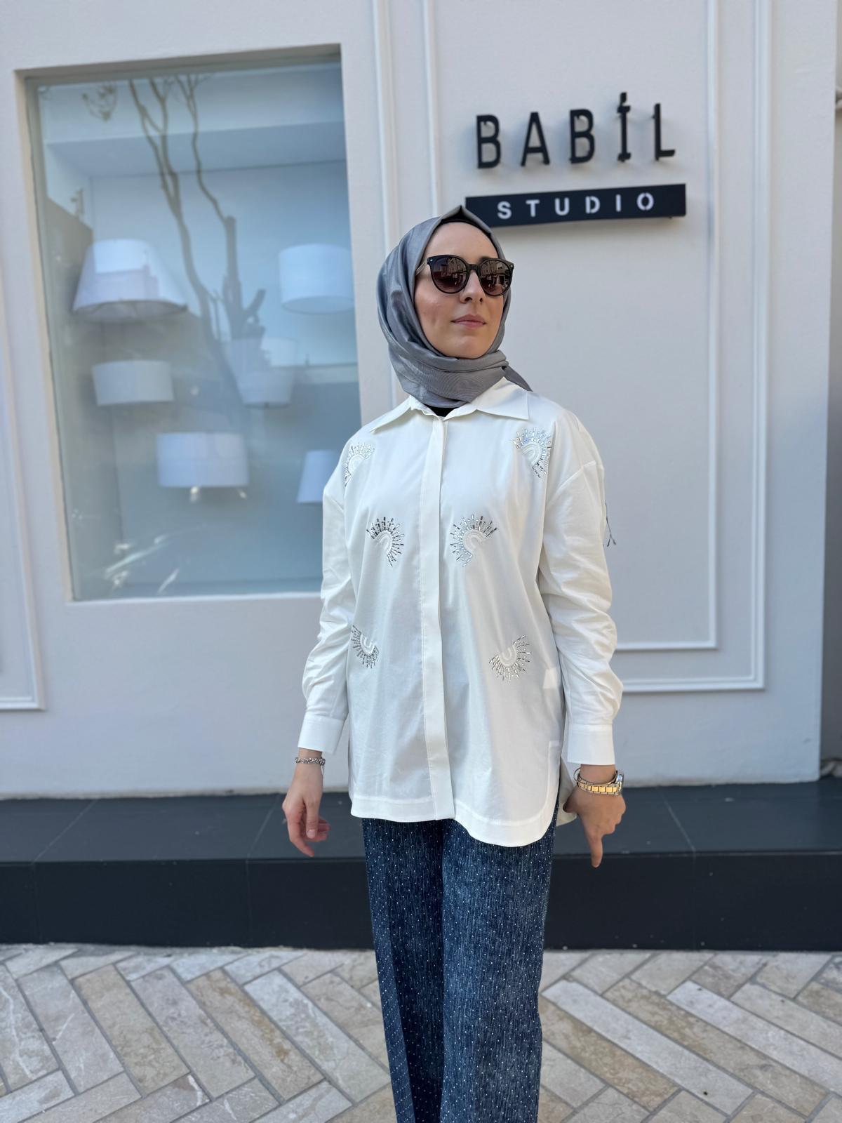 İşleme Detaylı Poplin Kadın Gömlek Beyaz