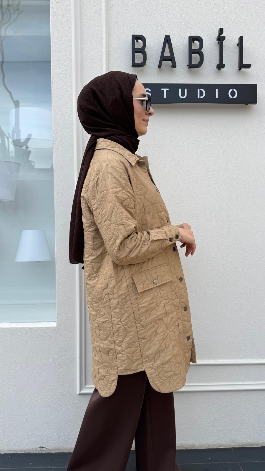 Kapitone Uzun Kadın Gömlek Camel