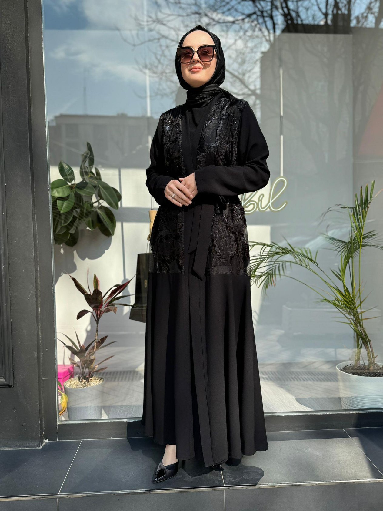 Parlak Organze İkili Abaya Takım Siyah