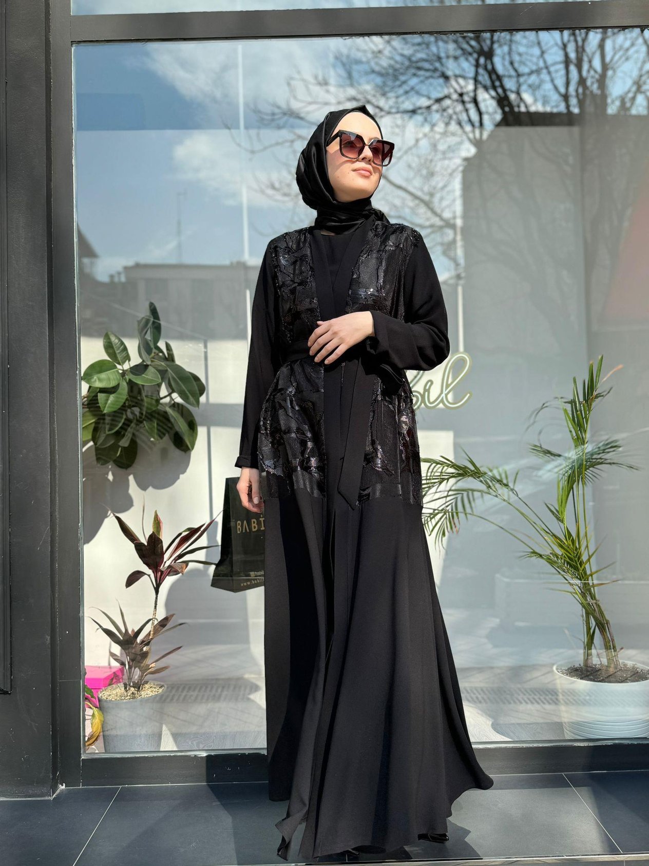 Parlak Organze İkili Abaya Takım Siyah