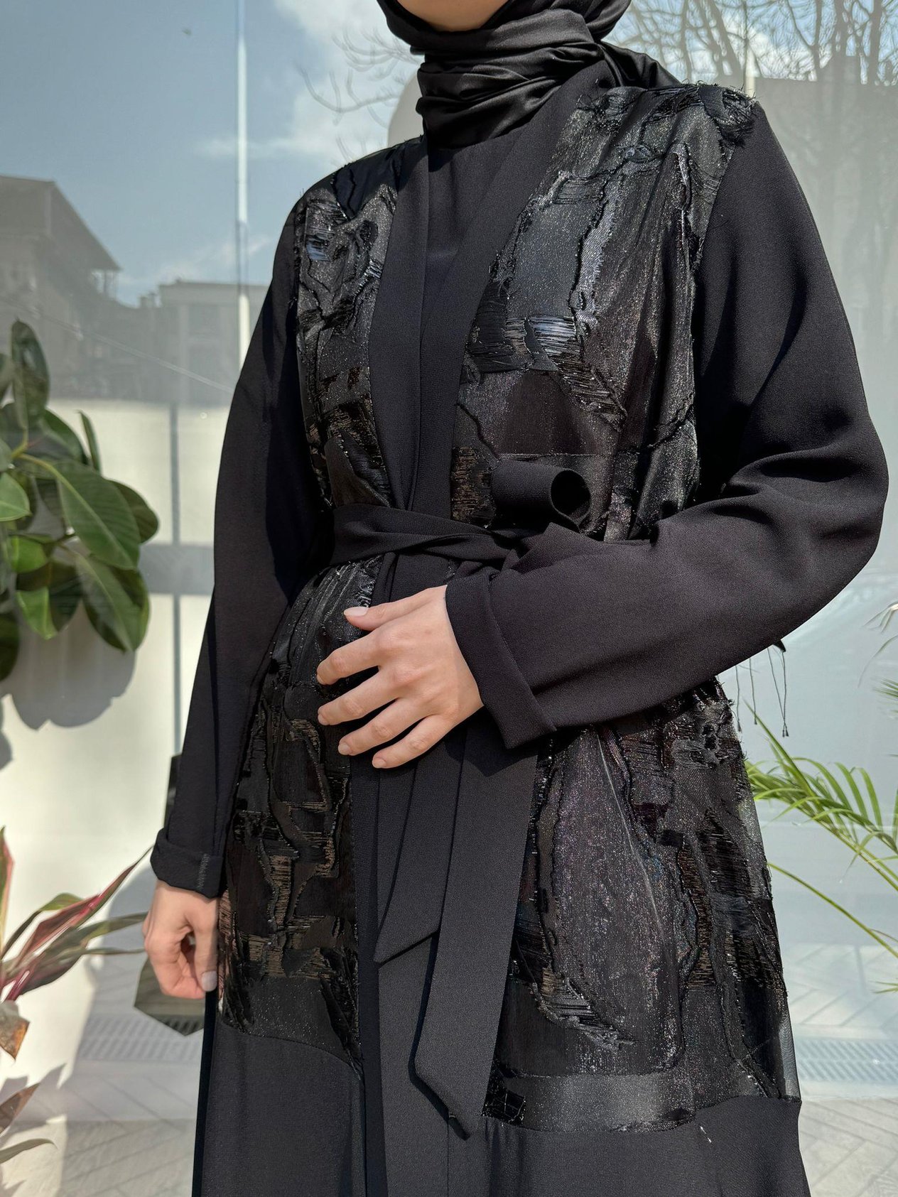 Parlak Organze İkili Abaya Takım Siyah