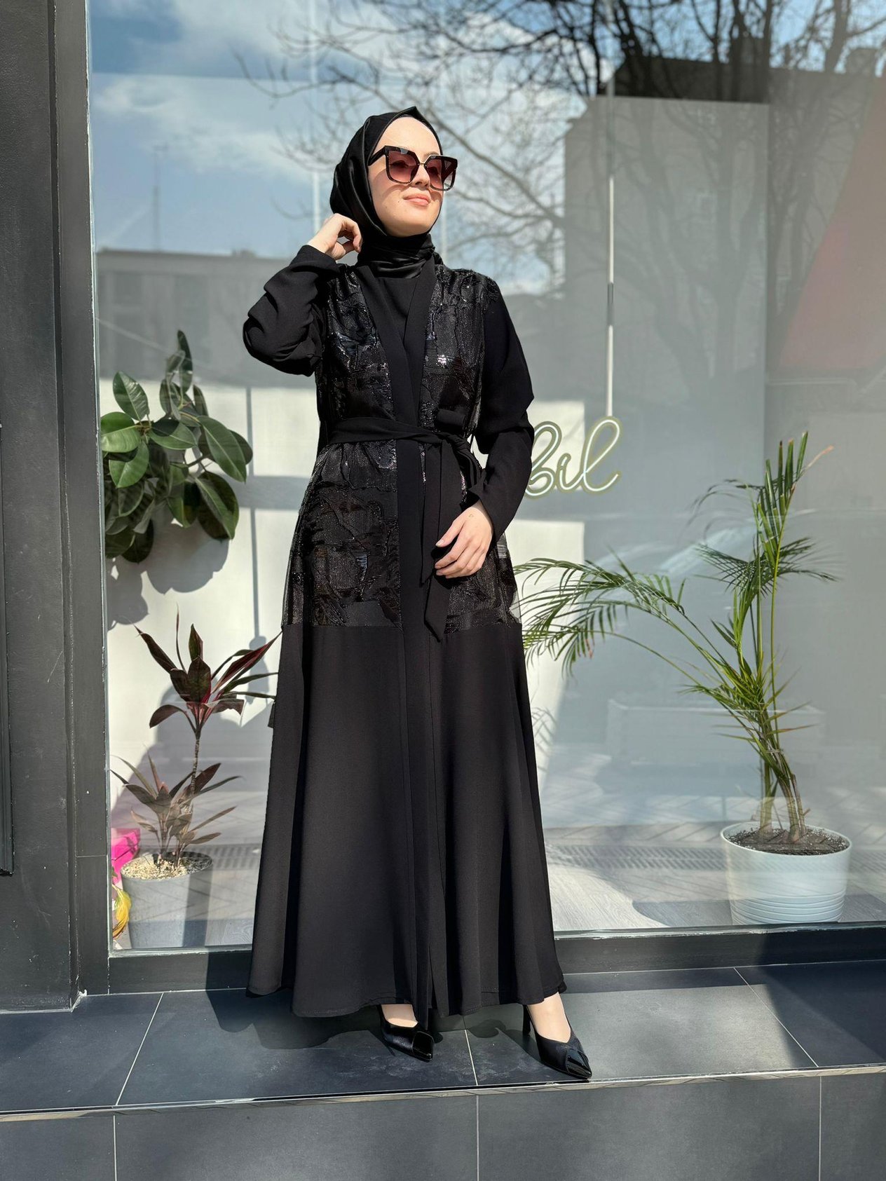 Parlak Organze İkili Abaya Takım Siyah