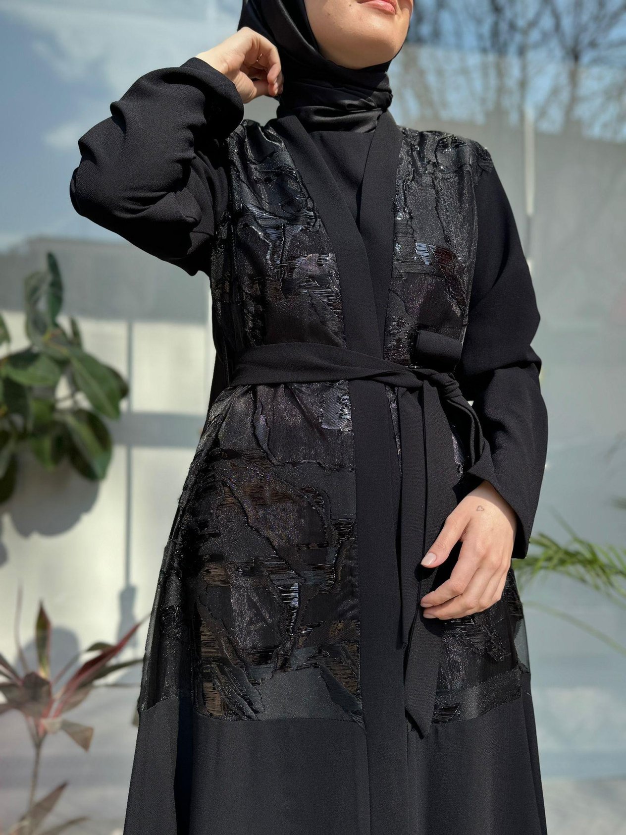 Parlak Organze İkili Abaya Takım Siyah