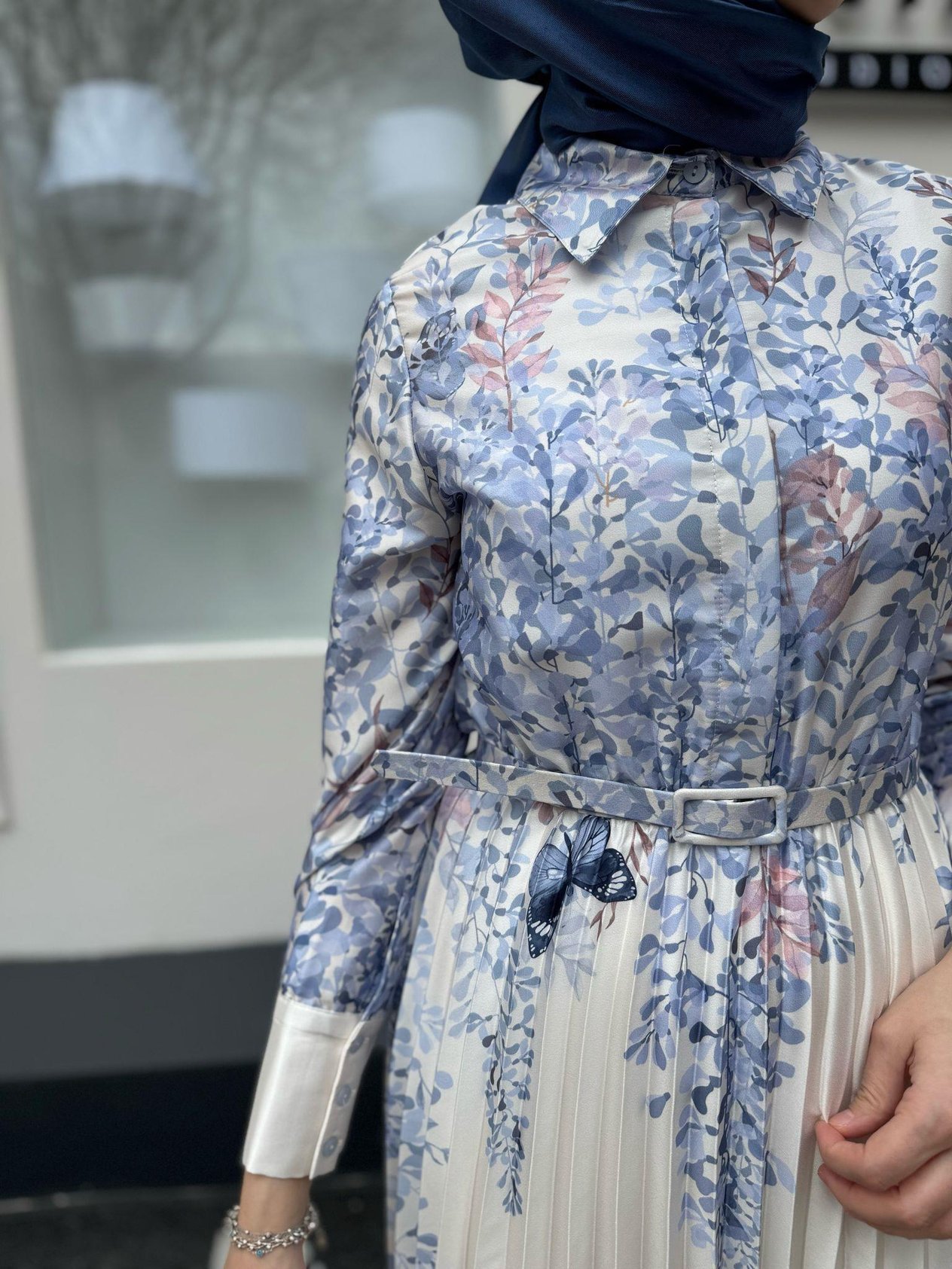 Sümbül Desenli Sole Pliseli Kadın Elbise Bebek Mavi