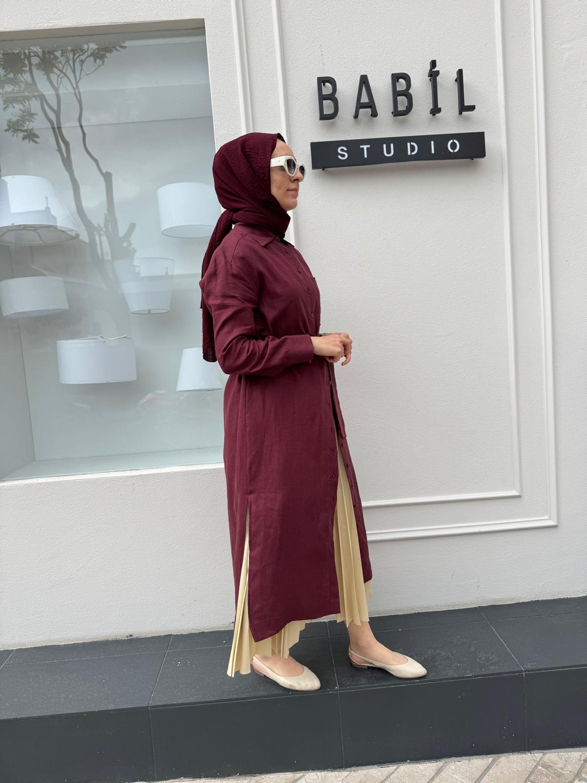 TD3558 Keten Uzun Kadın Gömlek Bordo