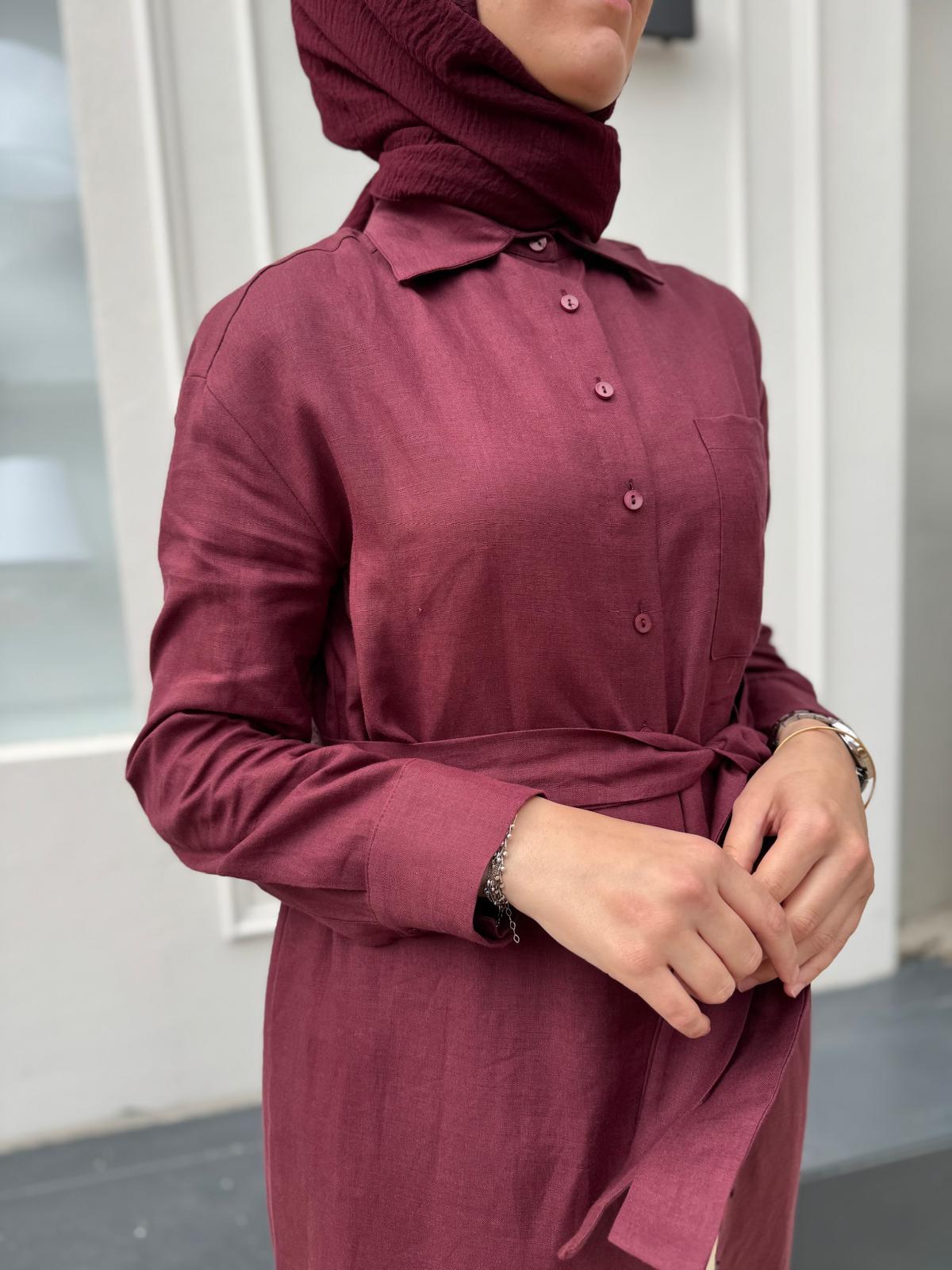 TD3558 Keten Uzun Kadın Gömlek Bordo