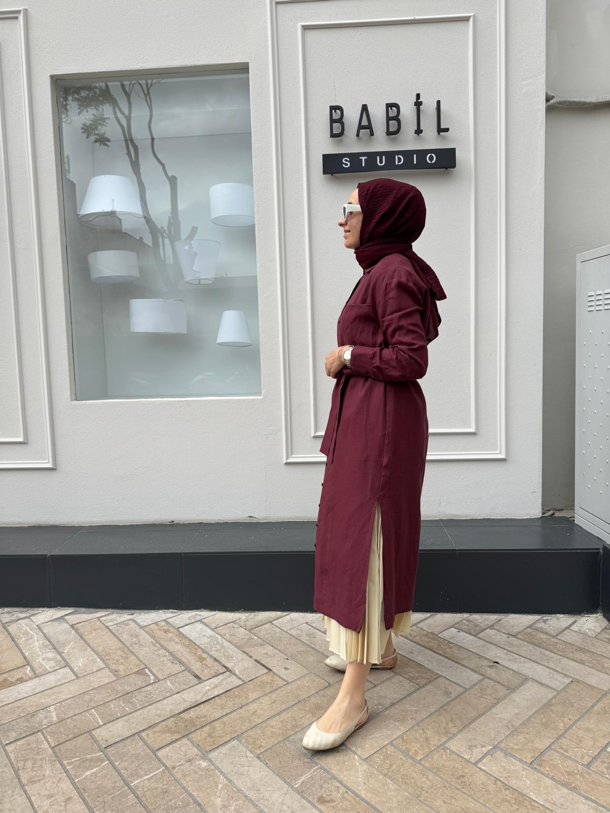 TD3558 Keten Uzun Kadın Gömlek Bordo