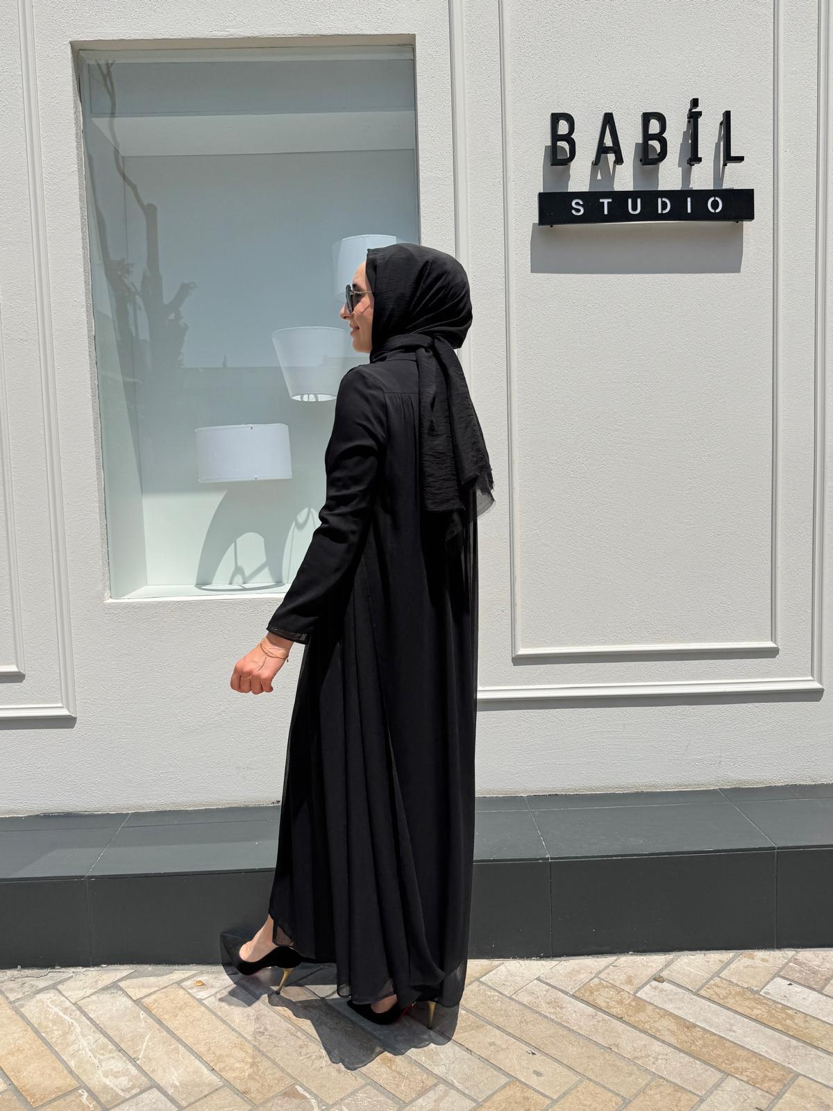 TD4104 Beli Lastikli Şifon Dokulu Kadın Elbise Siyah