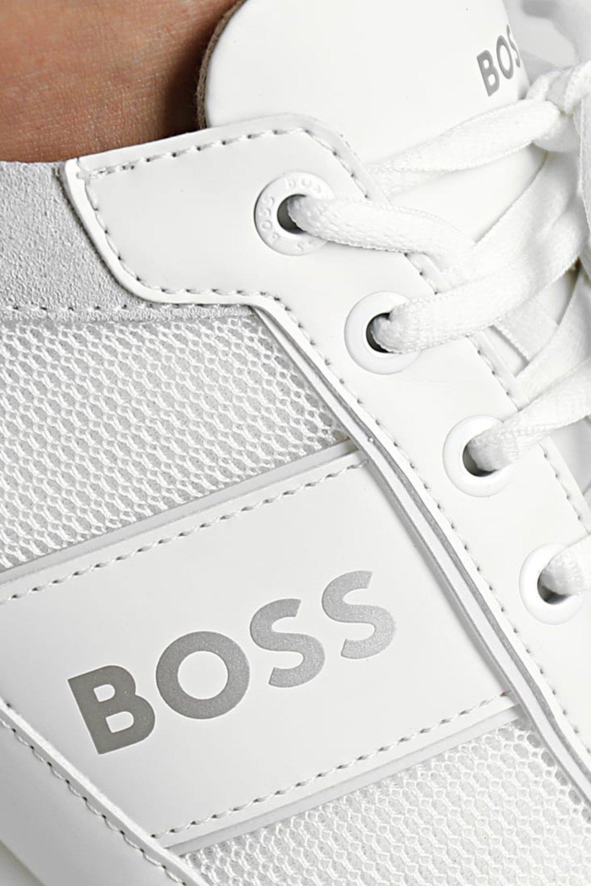 Boss Erkek Logolu Deri Detaylı Saturn Sneaker Ayakkabı Beyaz