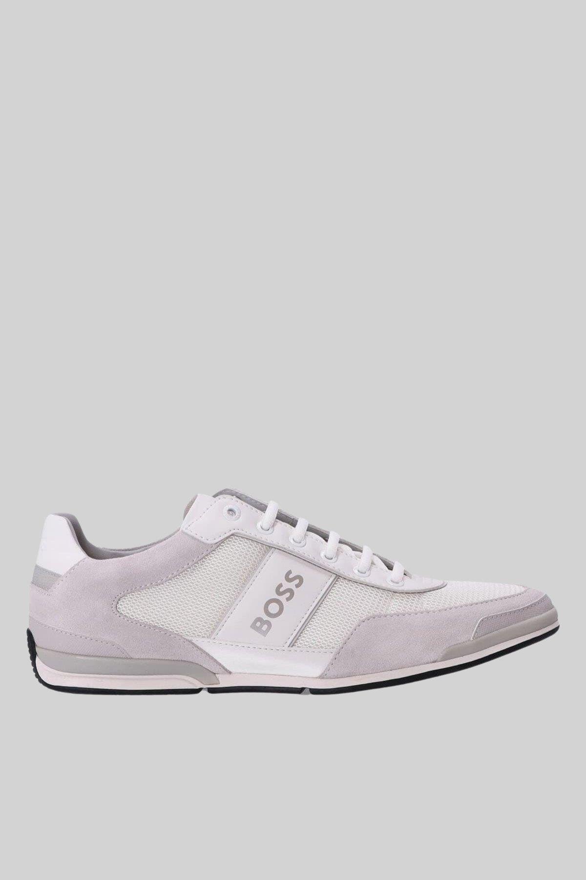 Boss Erkek Logolu Deri Detaylı Saturn Sneaker Ayakkabı Beyaz