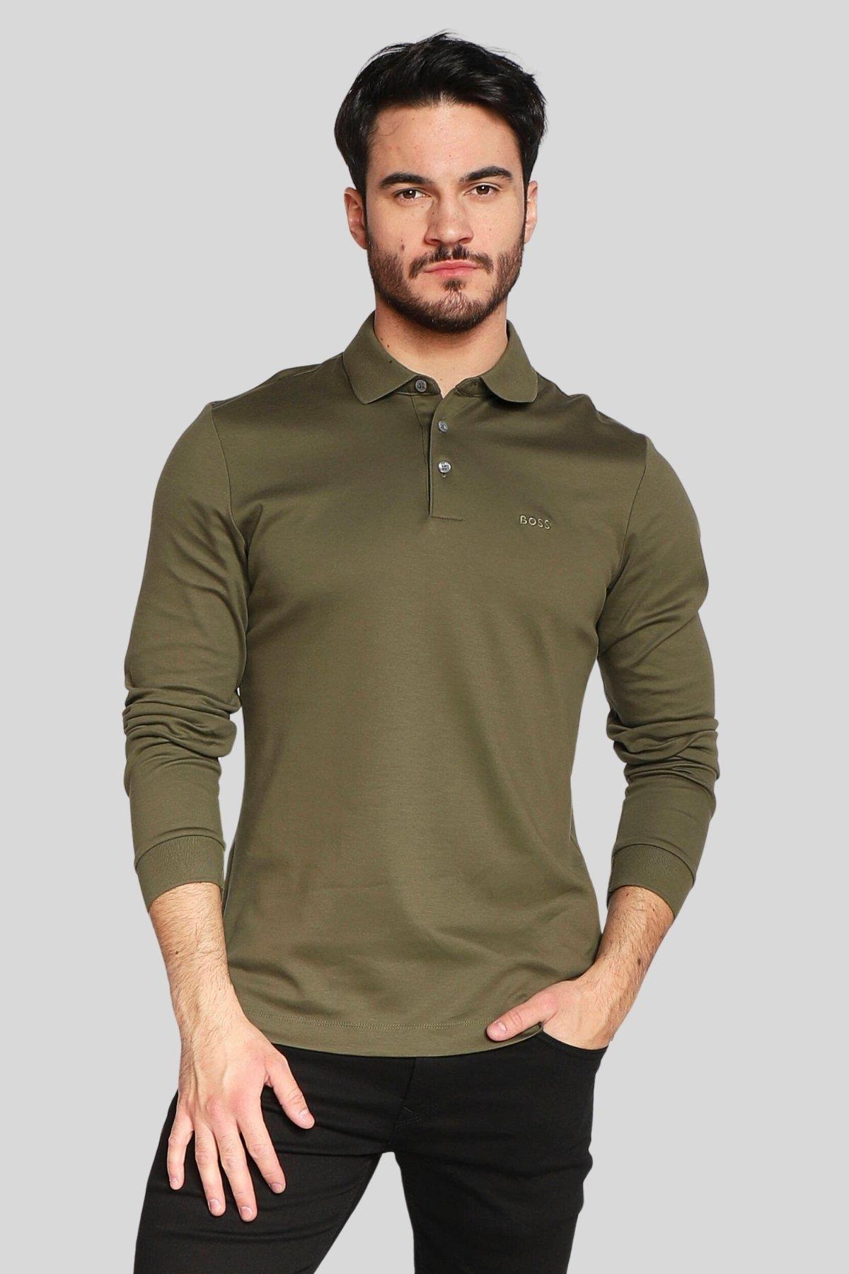Boss Marka Logolu Uzun Kollu Erkek Polo Yaka T-Shirt Yeşil