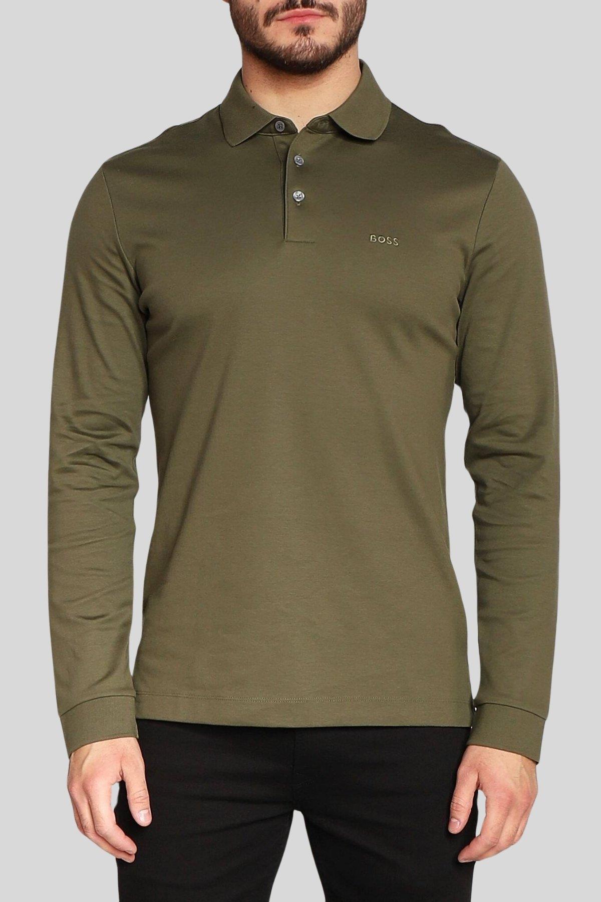 Boss Marka Logolu Uzun Kollu Erkek Polo Yaka T-Shirt Yeşil
