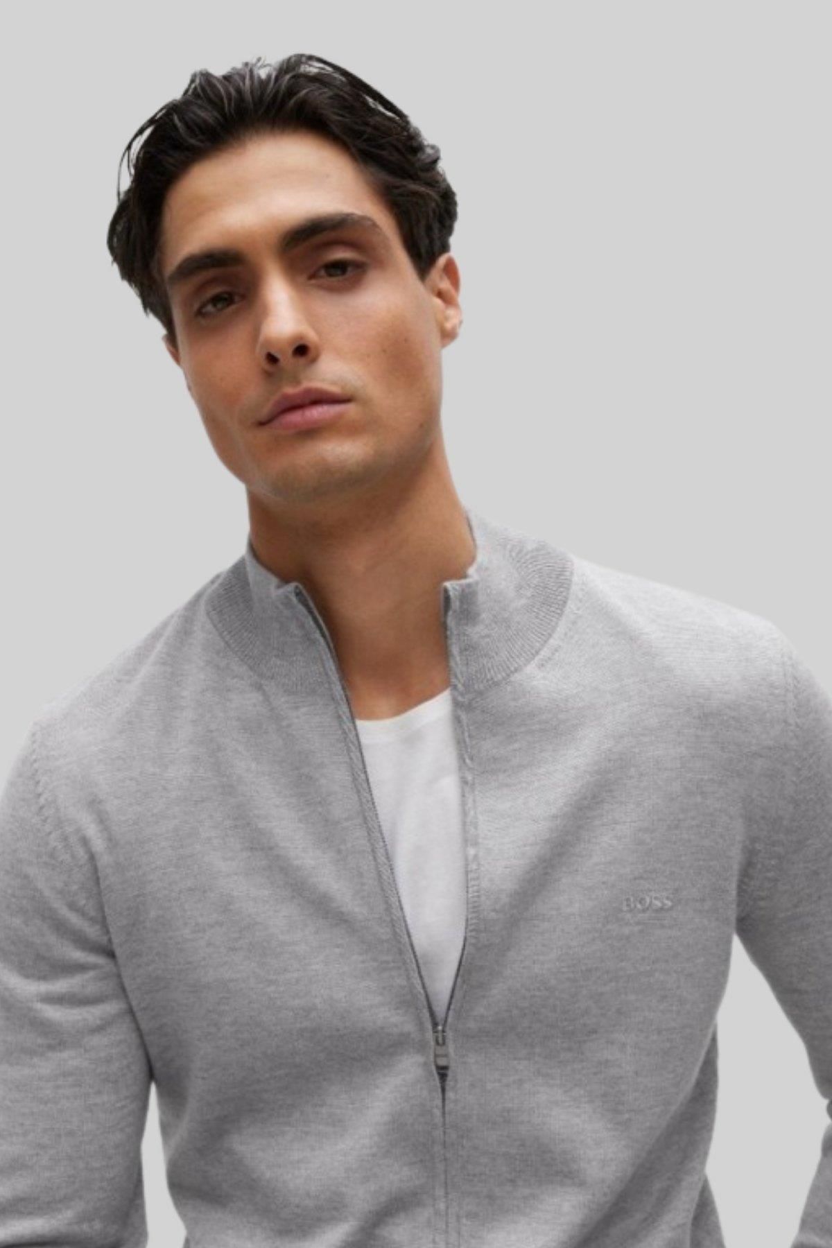 Boss Regular Fit Dik Yaka Erkek Hırka Gri