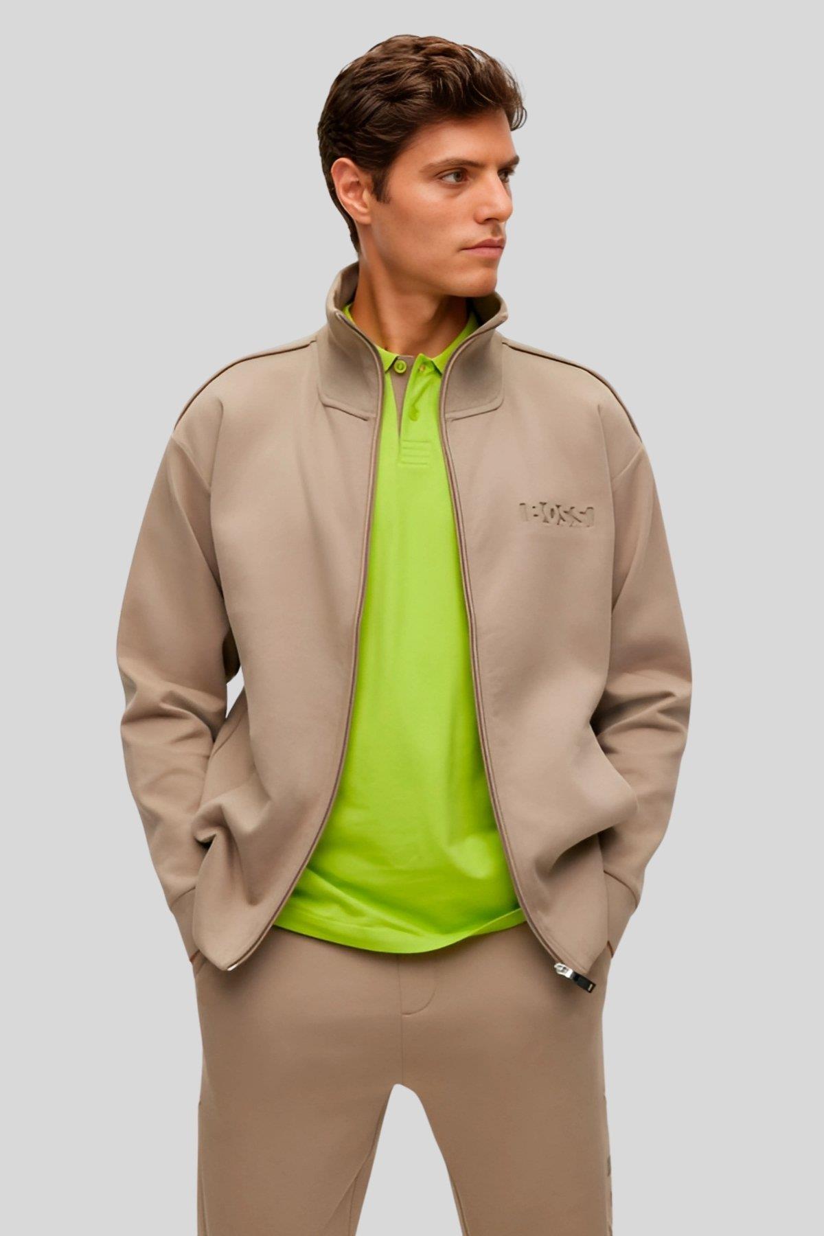 Boss Uzun Kol Normal Dik Yaka Günlük Erkek Sweatshirt Yeşil