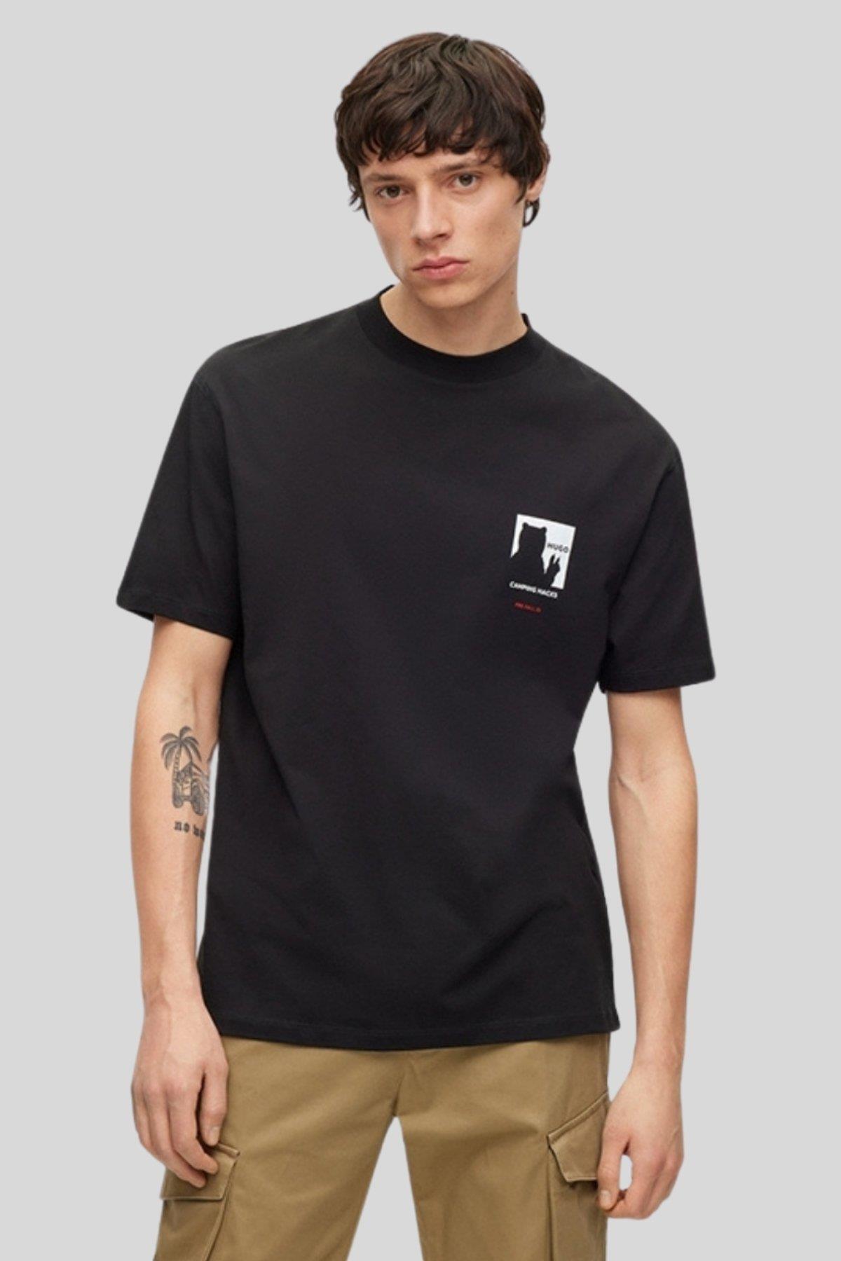 Hugo Arkası Baskılı Yuvarlak Yaka Erkek T-Shirt Siyah