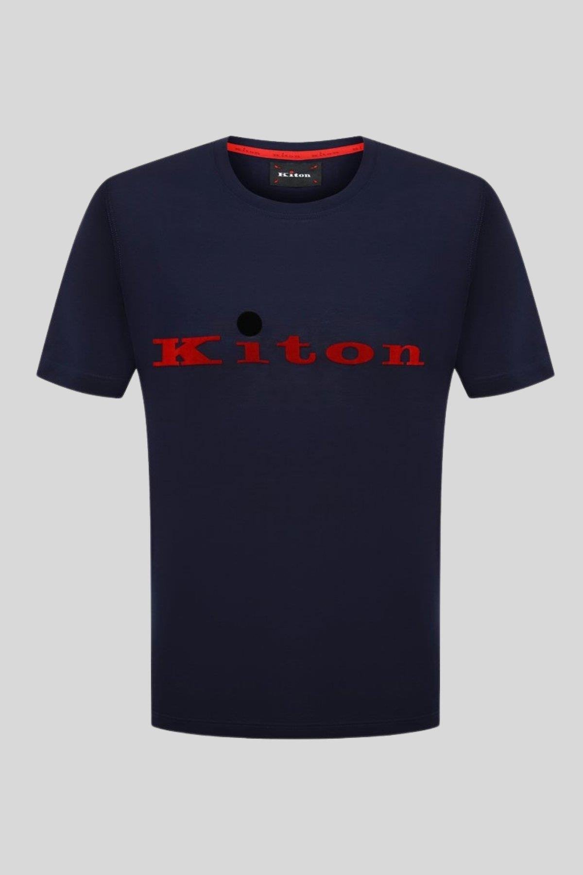 Kiton Erkek Nakışlı Logolu Pamuklu T-Shirt Mavi