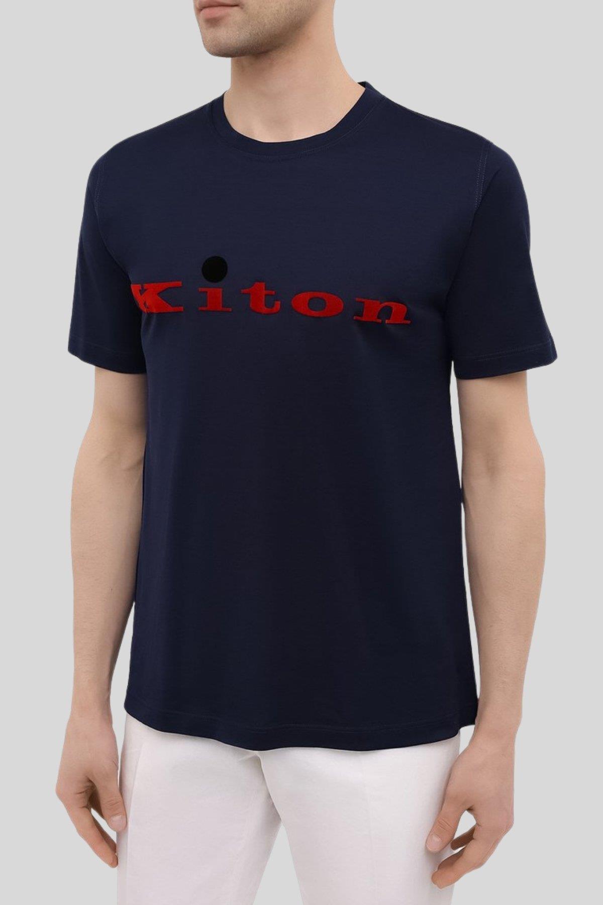 Kiton Erkek Nakışlı Logolu Pamuklu T-Shirt Mavi
