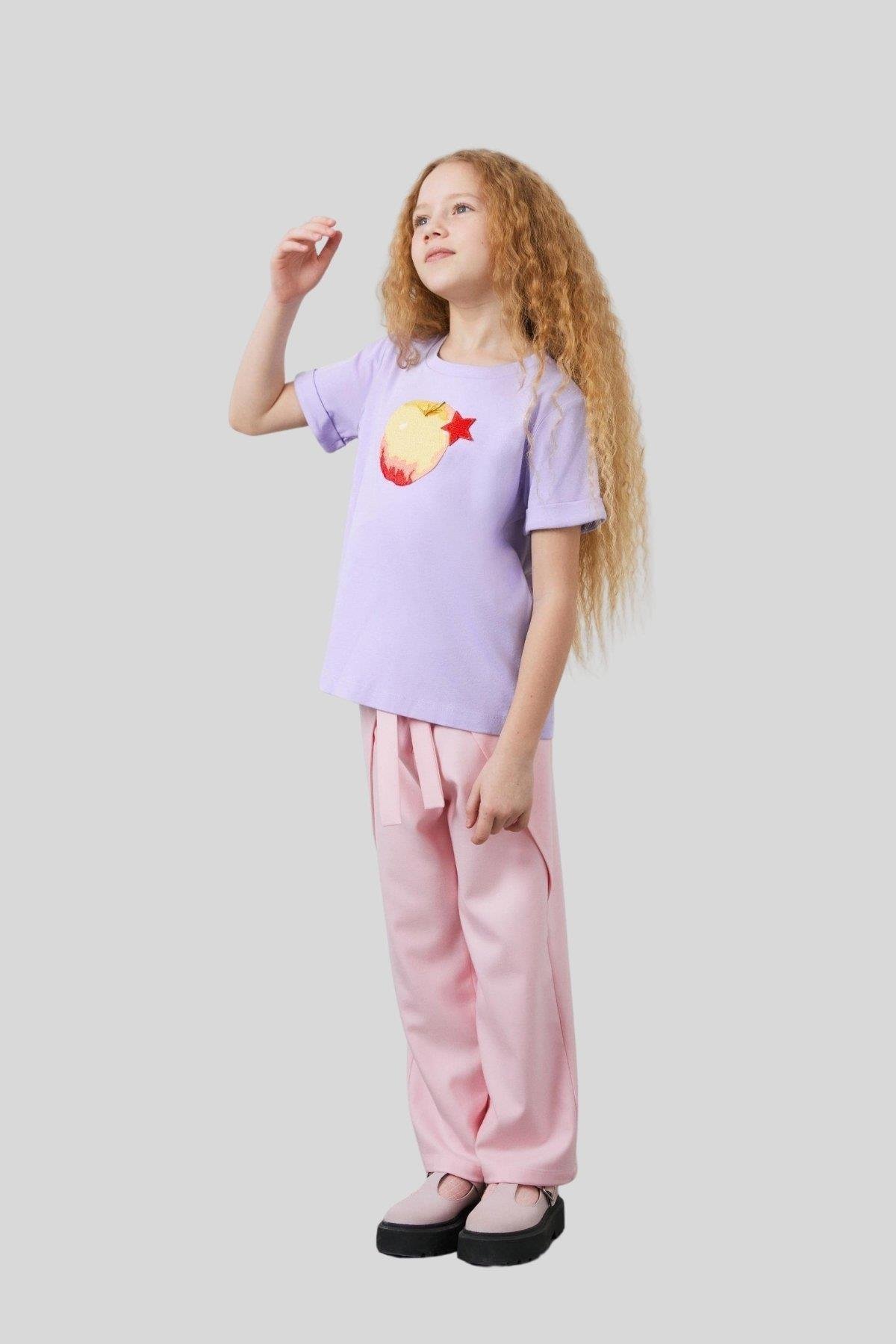 Mani Mani Kız Çocuk Aplike Detaylı Yuvarlak Yaka T-Shirt Mor