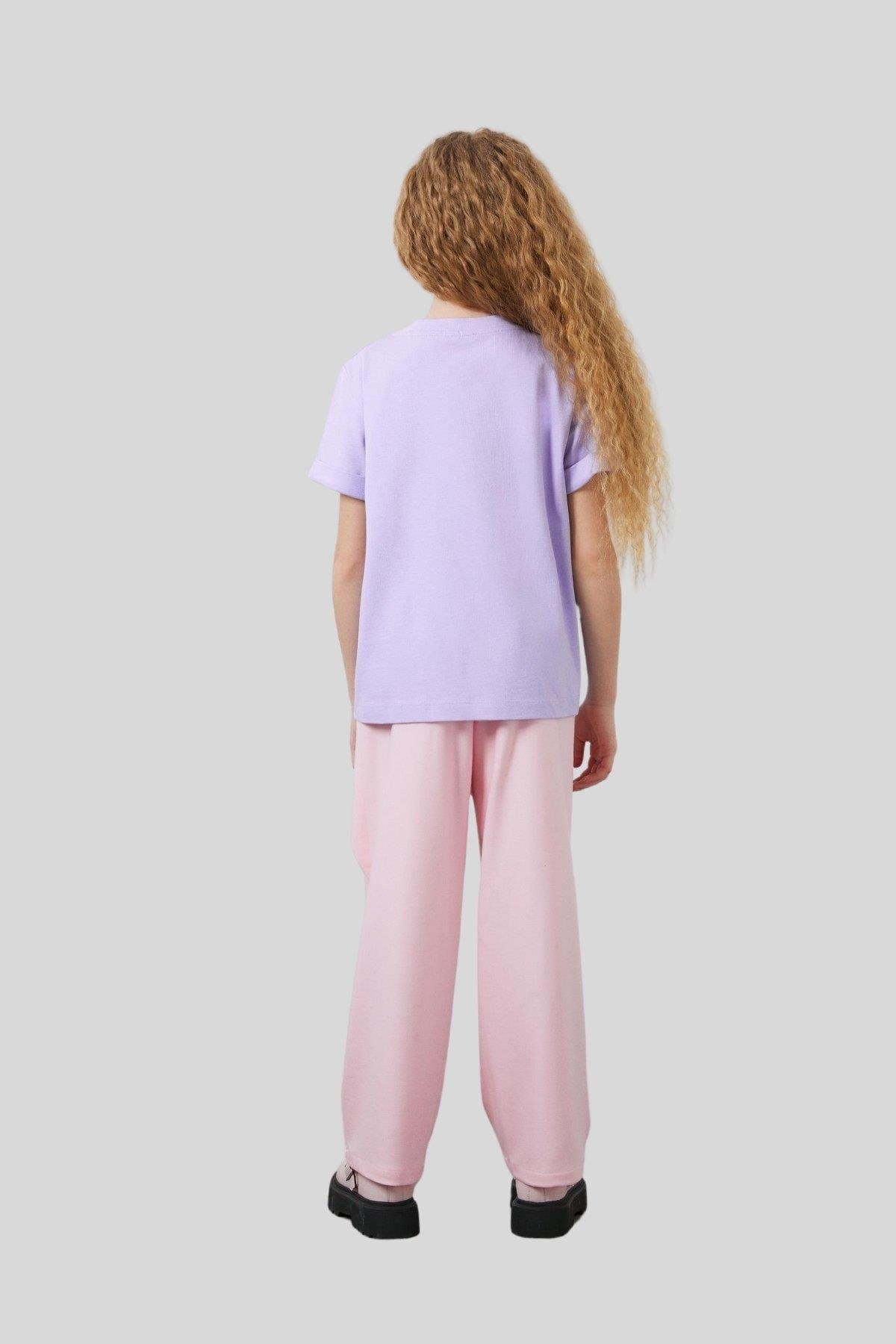 Mani Mani Kız Çocuk Aplike Detaylı Yuvarlak Yaka T-Shirt Mor