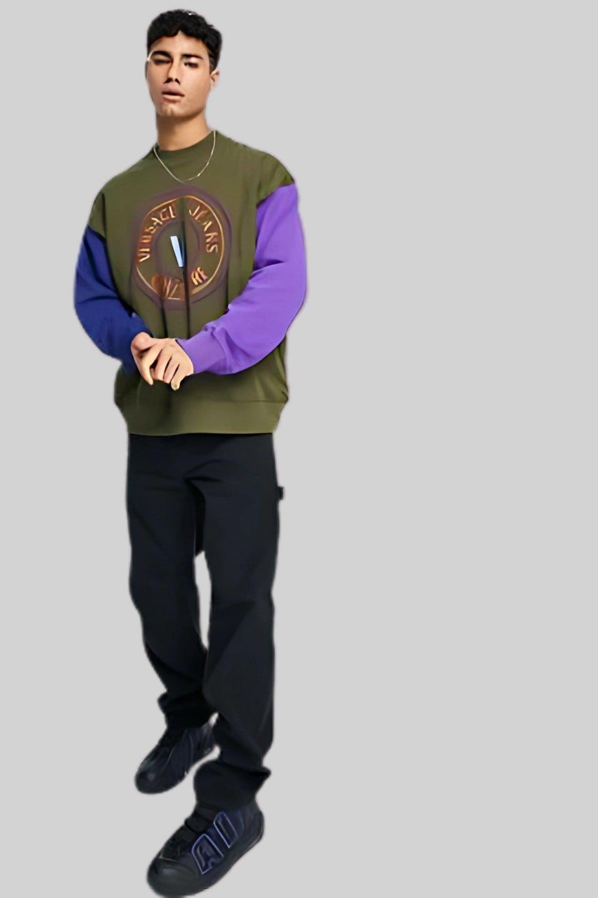 Versace Jeans Couture Erkek Uzun Kollu Bisiklet Yaka Parçalı Sweatshirt Yeşil