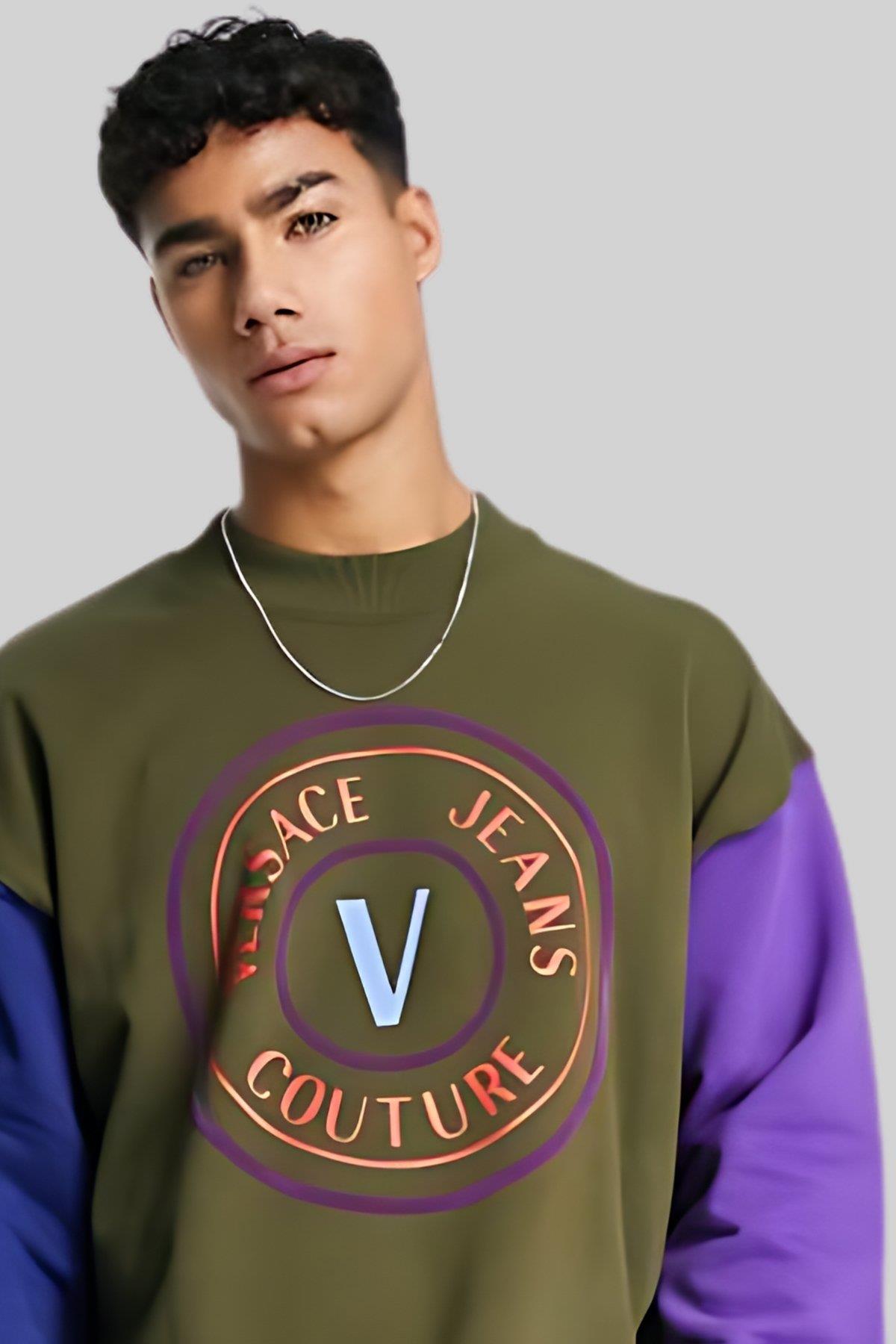 Versace Jeans Couture Erkek Uzun Kollu Bisiklet Yaka Parçalı Sweatshirt Yeşil