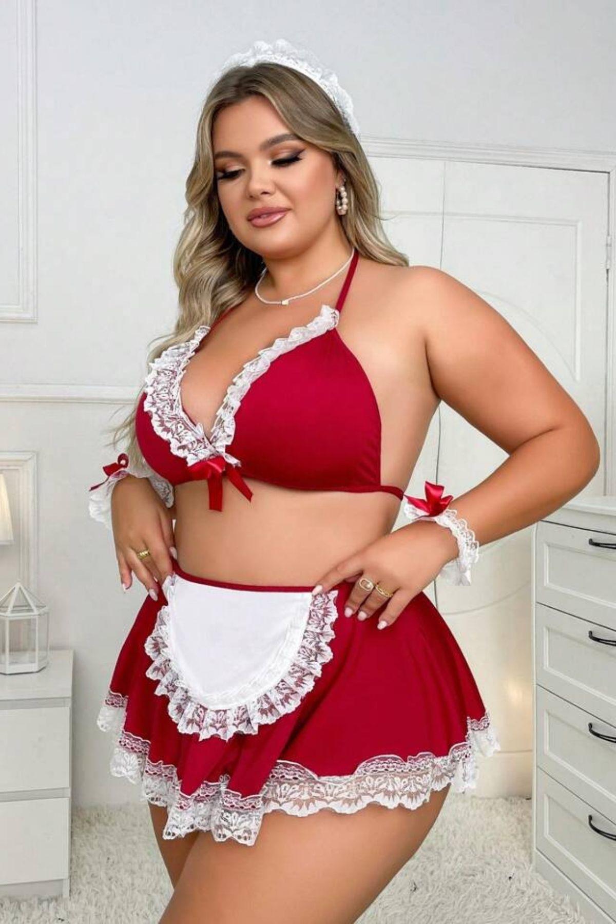 Bella Notte Kırmızı Büyük Beden Hizmetçi Kostüm 17024